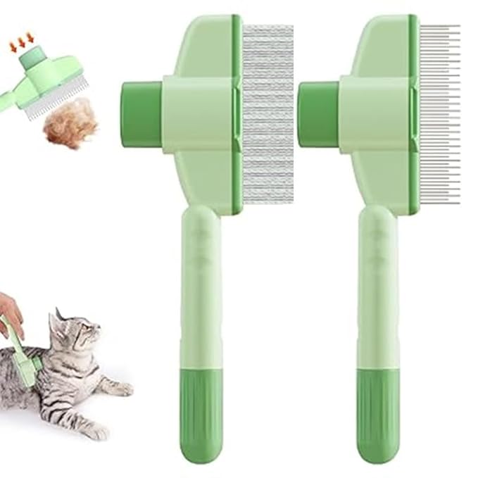 Cat Comb Dog Comb Pet Hair Removal Tool Flea for Cats and Dog Lice Cat Brush with Release Button Self-Cleaning with Long &amp; Short Stainless Steel Metal Teeth for Shedding