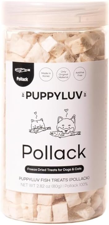 Puppyluv Treat - Freeze Dried Pollock Dog &amp; Cat Treats, Wild Caught, Single Ingredient, Natural High Protein &amp; Fish Oil, Grain Free, Gluten Free, 2.8oz