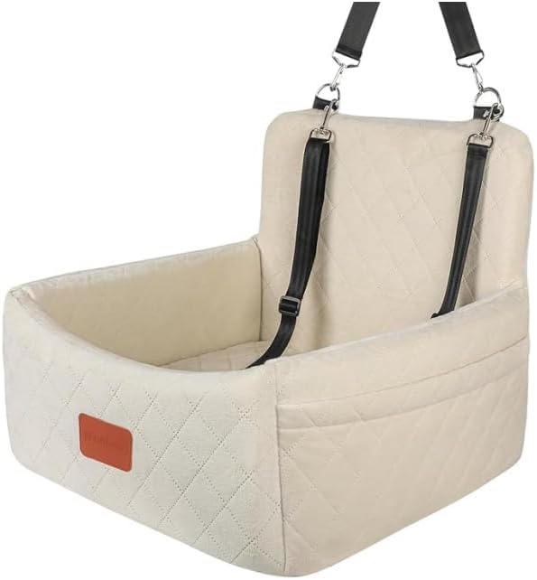Dog Car Seat for Under 30lbs Dogs,Comfy Febric Fill in Memory Foam,Washable and Detachable Pet Travel Car Bed,Anti-Slip Bottom,2 Safety Leashes &amp; Storage Pockets(Beige)