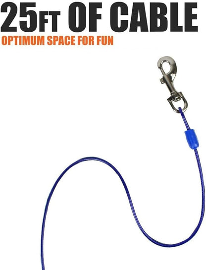 BV Dog Tie Out Cable 25 Feet - Heavy Duty Dog Lead Up to 60 Pounds - Reflective &amp; Rust-Free with Quick Release Swivel Clips &amp; 360° Rotating Clasp - Tangle-Free Dogs Runner for Yard (Blue, Single)