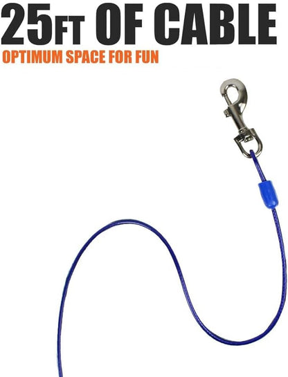 BV Dog Tie Out Cable 25 Feet - Heavy Duty Dog Lead Up to 60 Pounds - Reflective &amp; Rust-Free with Quick Release Swivel Clips &amp; 360° Rotating Clasp - Tangle-Free Dogs Runner for Yard (Blue, Pair)