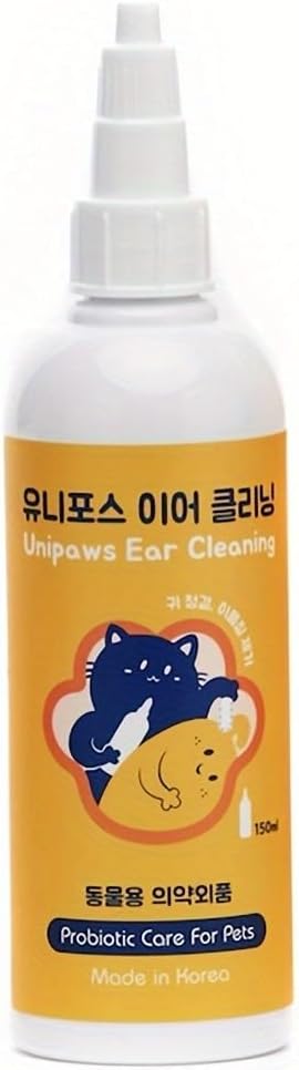 UNIPAWS Pet Ear Drops for Dogs &amp; Cats – Vet-Recommended Ear Cleaner &amp; Deodorizer – Helps Reduce Wax Buildup &amp; Soothe Itchy Ears – 5.1 fl oz Probiotic &amp; Moisturizing Formula, Made in Korea