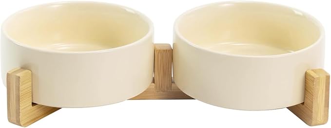 SPUNKYJUNKY Ceramic Dog and Cat Bowl Set with Wooden Stand, Modern Cute Weighted Food Water Set for Small Size Dogs (13.5OZ) &amp; Medium Sized Dogs (28.7OZ) &amp; Cats (1.7 Cups, 2 × Beige)