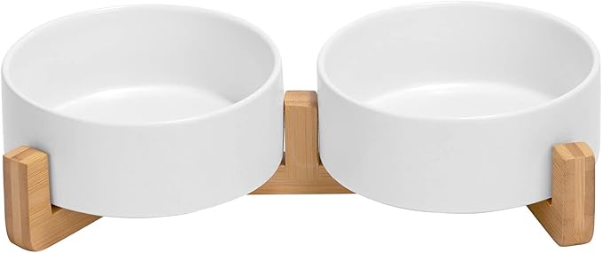 SPUNKYJUNKY Ceramic Dog and Cat Bowl with Wood Stand Non-Slip Matte Glaze Weighted Food Water Set for Cats &amp;Small Dogs 13.5 OZ
