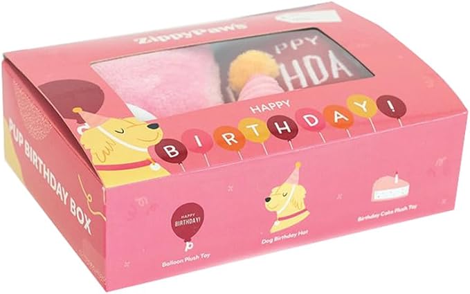 ZippyPaws Birthday Box - Dog Squeaky Toys to Keep Them Busy, Funny Food Plush for Small, Medium, &amp; Large Dogs, Cute Stuffed Puppy Toy &amp; Hat, Pet Products, Gift for Dogs of All Breeds - 3-Pack, Pink
