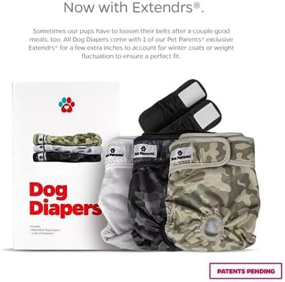 Pet Parents® Washable Dog Diapers (3pack) + Extendrs® of Durable Doggie Diapers, Premium Dog Diapers Female &amp; Male (X-Large, Camo)