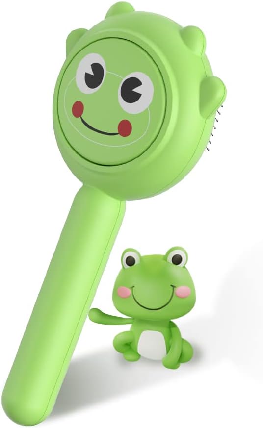 Self-Cleaning Dog &amp; Cat Slicker Brush, Skin Friendly Deshedding Grooming Tool for Long or Short Haired Dogs Cats Rabbits, Dog Shedding Brush with Release Button - Frog