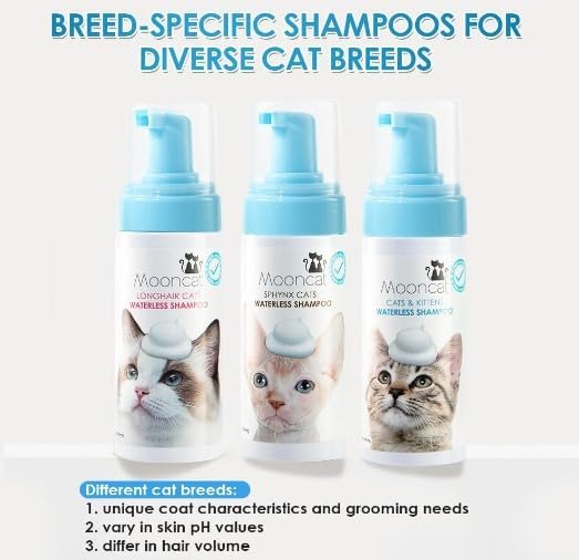 Mooncat Waterless Cat Shampoo for Longhair Cats | Licking Safe No-Rinse Dry Foam Bath for Detangling Matted Fur | Gentle Formula for Kittens &amp; Sensitive Skin, pH Balanced - 5oz