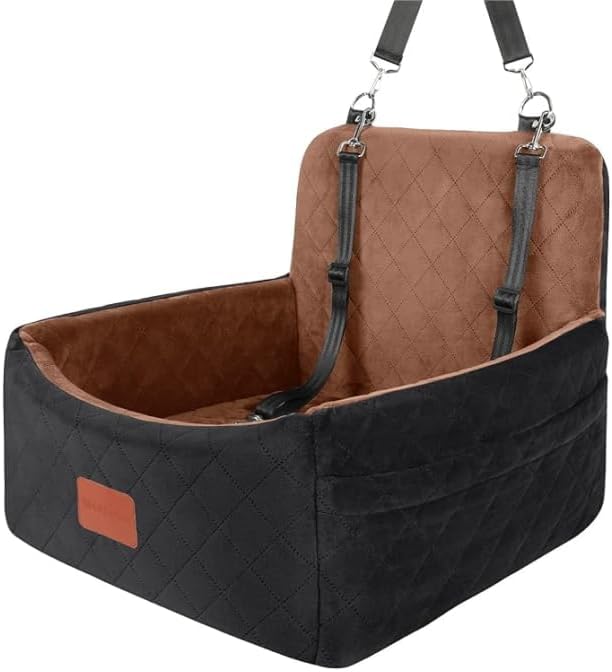 Dog Car Seat for Small Dogs Under 30lbs,Ultra Soft Fabric &amp; Memory Foam Pet Travel Car Bed,Washable &amp; Detachable,Anti-Slip Bottom,2 Storage Pockets and Safety Tethers(Black/Brown)