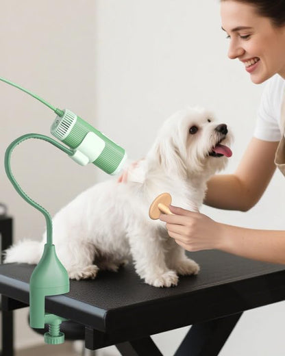 2-in-1 Hands-Free Dog Hair Dryer with Table Clamp – Low Noise Pet Grooming Dryer for Dogs &amp; Cats, Adjustable Heat &amp; Speed, Wearable or Desktop Use(Green)