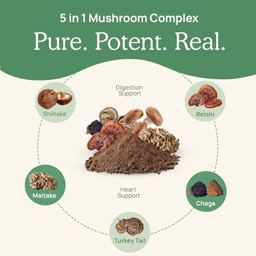 Real Mushrooms 5 Defenders Mushroom Complex – Organic Adaptogenic Mushroom Blend with Chaga, Reishi, Turkey Tail, Maitake &amp; Shiitake for Wellness Support - Mushroom Beta Glucan Capsules - 200 Count