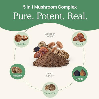 Real Mushrooms 5 Defenders Mushroom Complex – Organic Adaptogenic Mushroom Blend with Chaga, Reishi, Turkey Tail, Maitake &amp; Shiitake for Wellness Support - Mushroom Beta Glucan Capsules - 200 Count