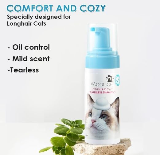 Mooncat Waterless Shampoo &amp; Brush Kit for Longhair Cats | Complete Grooming System for Detangling, Deshedding &amp; Matted Fur | Licking Safe No-Rinse Foam with Gentle Silicone Massager - Made in Taiwan