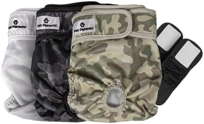 Pet Parents® Washable Dog Diapers (3pack) + Extendrs® of Durable Doggie Diapers, Premium Dog Diapers Female &amp; Male (X-Large, Camo)