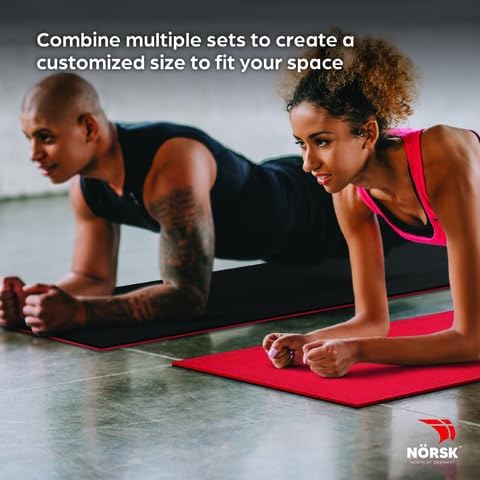 Norsk Reversible Gym Exercise Mats 3/4" Thick EVA Interlocking Foam Tiles, Perfect Home Gym Flooring, 32 Tiles &amp; 64 Trim Pieces, 128 Sq. Ft. Reversible, Red/Black