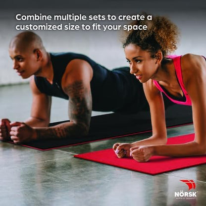 Norsk Reversible Gym Exercise Mats 3/4" Thick EVA Interlocking Foam Tiles, Perfect Home Gym Flooring, 32 Tiles &amp; 64 Trim Pieces, 128 Sq. Ft. Reversible, Red/Black