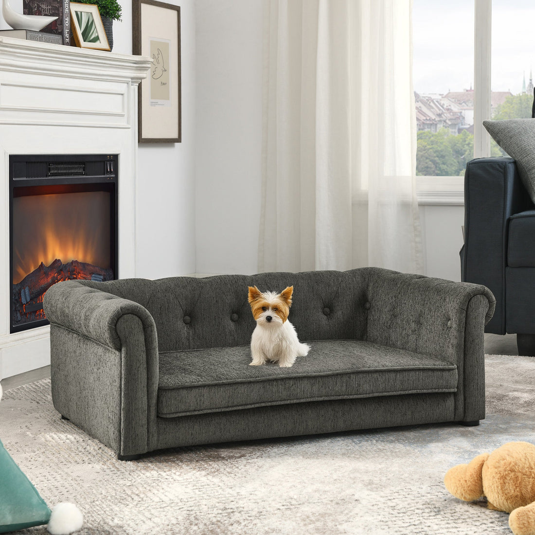 Modern Style Elegant Rectangle Pet Bed for Small and Medium Dogs, Durable Elevated Dog Sofa, Dark Grey Foam