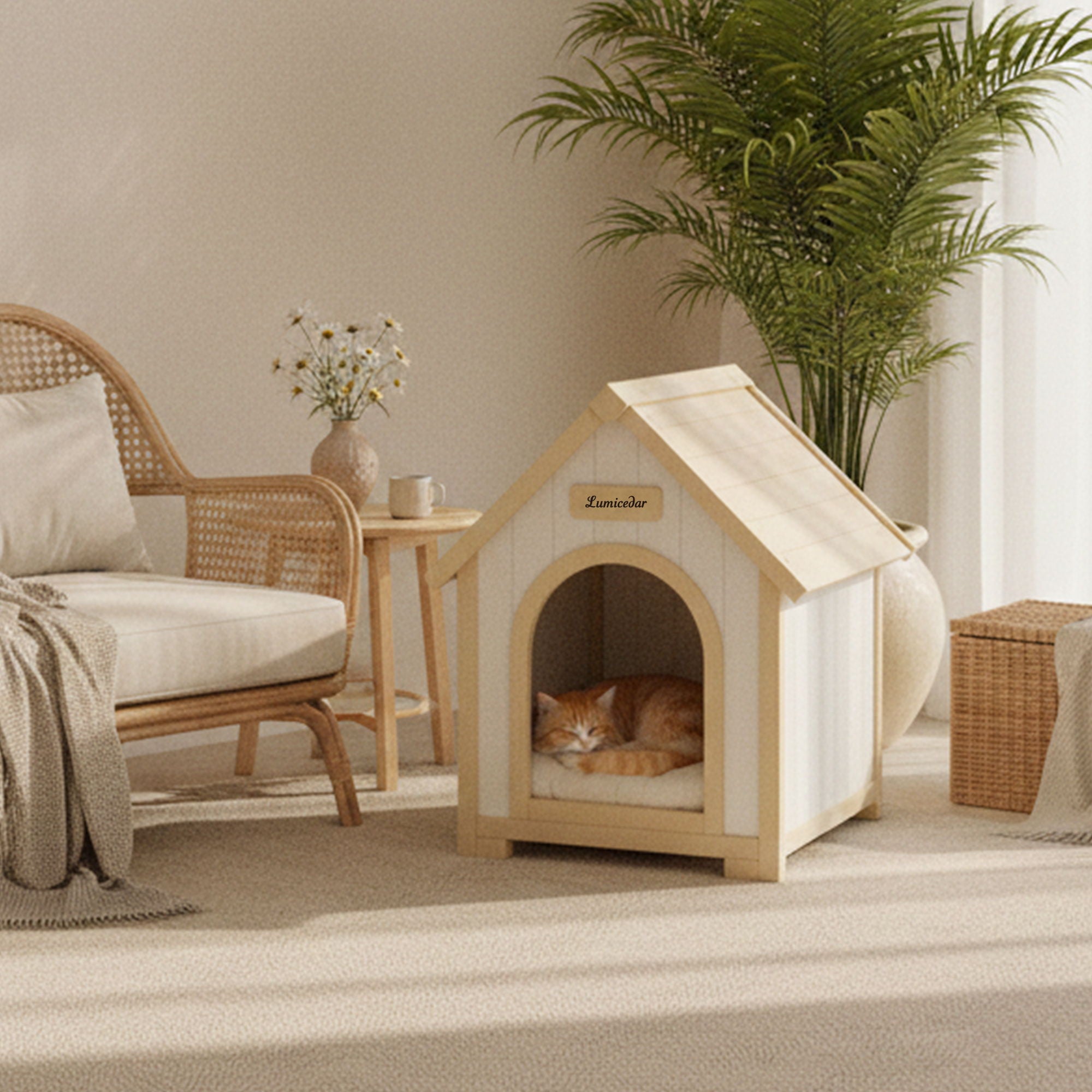 Indoor Dog House With Cushion Pet House For Small Dogs &amp; Cats - Creamy White / Light Yellow