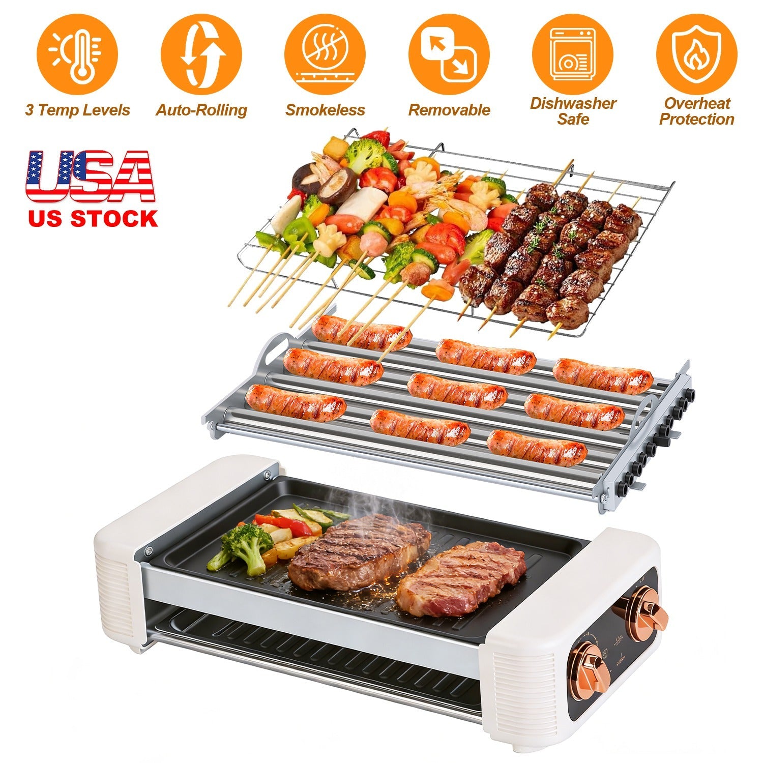 3 In 1 Electric Hot Dog Roller Machine with Grill &amp; Griddle 6-Roller Hot Dog Cooker Smokeless Non-Stick Indoor Outdoor with 3 Temp Levels for BBQ Saus