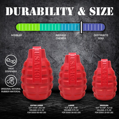 USA-K9 Grenade Rubber Dog Chew Toy | K9 Handler eDispenser Toy | Red &amp; Blue | USA Made