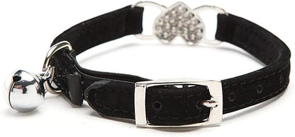 CHUKCHI Pink Soft Velvet Safe Cat Adjustable Collar with Crystal Heart Charm and Bells 8-11 Inches(Black+Pink)