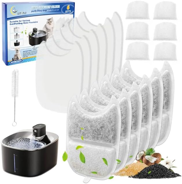 6 Set Cat Water Fountain Filters &amp; Sponges for 135 fl oz/4L Wilreless Cats Drinking Water Fountain, Cat Fountain Pump Replacement, YPD-C004P YPD-C004S Pet Fountain Replacement Filter