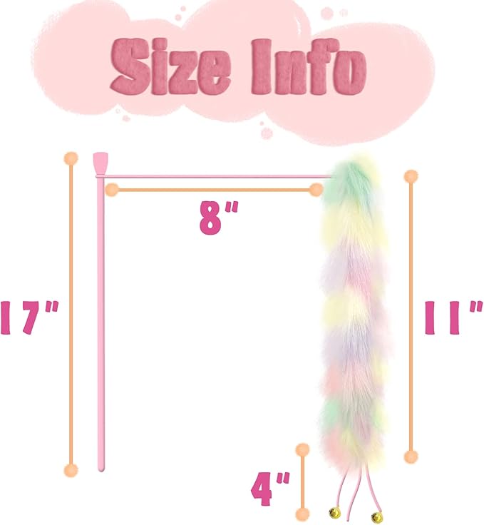 2 Pack Cat Wand Toy, Rainbow Cat Feather Toys with Bells, Teaser Wand with Soft Furry Tail, Interactive Toys for Indoor Cats &amp; Kitten &amp; Kitty