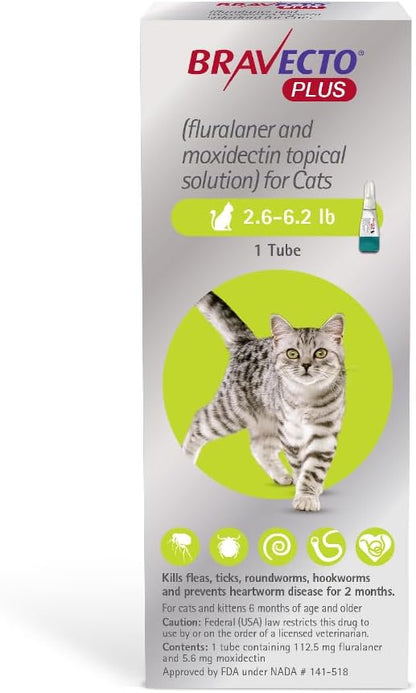 BRAVECTO Plus Topical Solution for Cats, Flea, Tick &amp; Heartworm, 2 Months Supply, 2.6-6.2 lbs., Green Box