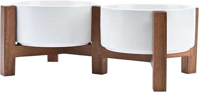 SPUNKYJUNKY Acacia Wood Stand Dog Bowl Set Raised, Ceramic Dog Food &amp; Water Bowl for Medium Dogs (28.74 OZ, White)