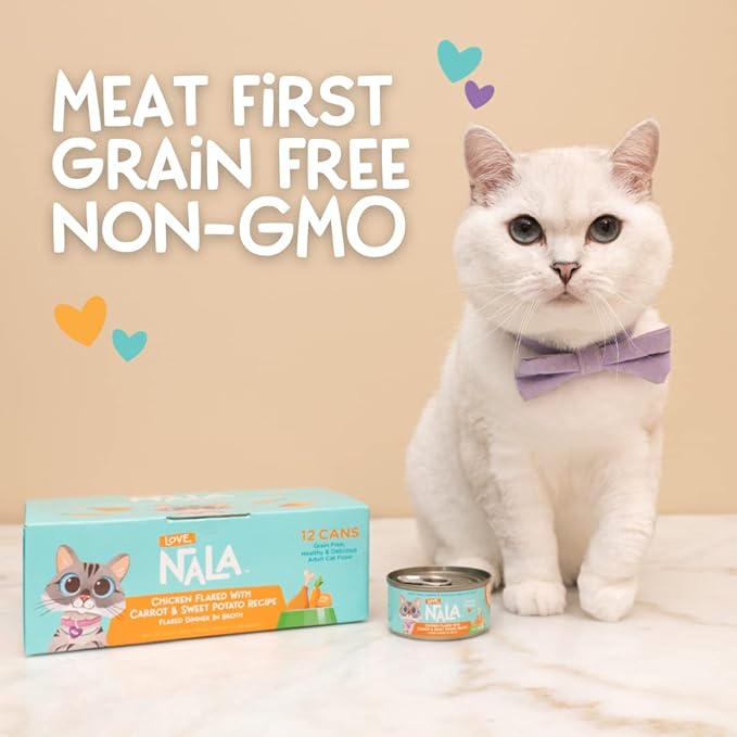 LOVE, NALA - Natural Adult Cat Wet Food - FLAKED Chicken with Carrot &amp; Sweet Potato in Broth - Grain Free, Non-GMO, Lean Protein, Digestive Fiber Blend, Added Minerals &amp; Vitamins - 12 Pack, 2.4 lbs.