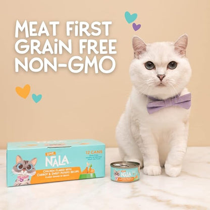 LOVE, NALA - Natural Adult Cat Wet Food - FLAKED Chicken with Carrot &amp; Sweet Potato in Broth - Grain Free, Non-GMO, Lean Protein, Digestive Fiber Blend, Added Minerals &amp; Vitamins - 12 Pack, 2.4 lbs.