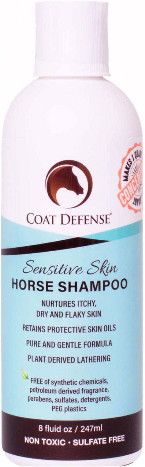 COAT DEFENSE Sensitive Skin Shampoo for Horses | All-Natural &amp; Made in USA | Hypoallergenic Aloe Based - Soothes and Relieves Itchy, Dry and Inflamed Skin | Safe for Everyone | 8oz. Concentrated