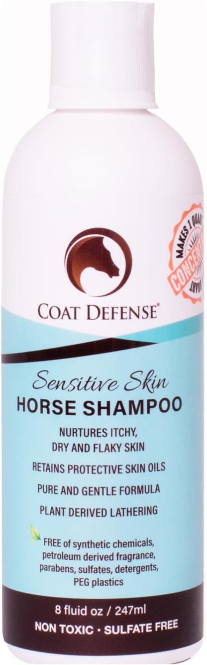 COAT DEFENSE Sensitive Skin Shampoo for Horses | All-Natural &amp; Made in USA | Hypoallergenic Aloe Based - Soothes and Relieves Itchy, Dry and Inflamed Skin | Safe for Everyone | 8oz. Concentrated