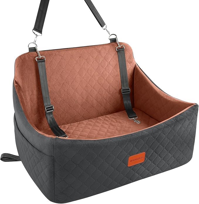 Dog Car Seat for Medium &amp; Large Dogs Up to 55lbs, Memory Foam Cushion, Washable Cover, Safety Straps &amp; Non-Slip Bottom(Black/Brown,Large)