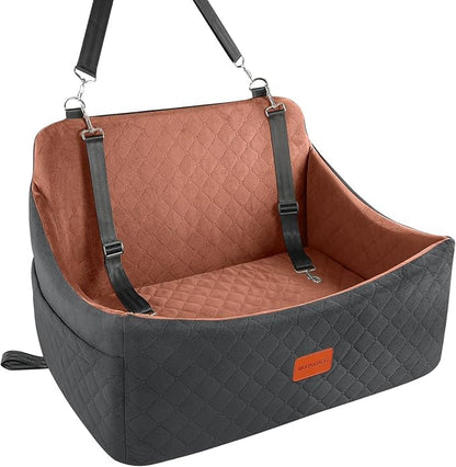 Dog Car Seat for Medium &amp; Large Dogs Up to 55lbs, Memory Foam Cushion, Washable Cover, Safety Straps &amp; Non-Slip Bottom(Black/Brown,Large)