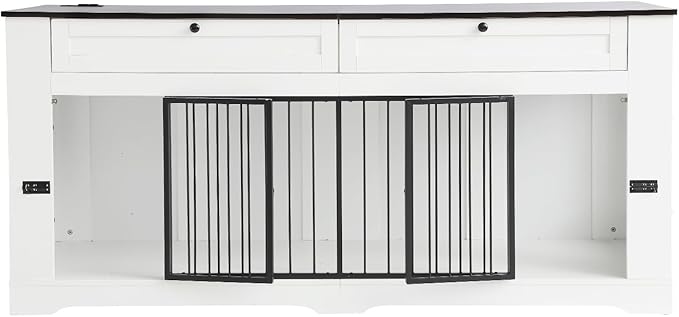 Large Dog Crate Furniture-Decorative Heavy Duty Dog Cage Indoor, Wooden Dog Cage End Table with Charging Station, Dog House with 2 Drawers (White, 70.86&