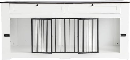 Large Dog Crate Furniture-Decorative Heavy Duty Dog Cage Indoor, Wooden Dog Cage End Table with Charging Station, Dog House with 2 Drawers (White, 70.86&
