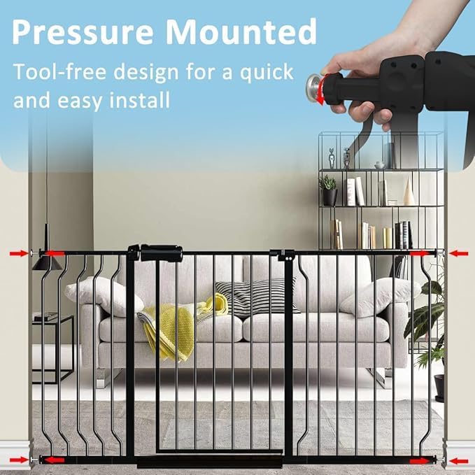 62.2"-71.65" Extra Wide Auto Closing Baby Safety Gate for Stairs &amp; Doorways, Pressure Mounted No Drill Pet Gate with Walk-Through Door - Heavy Duty Childproof Gate for Toddlers, Kids, Dogs (Black)