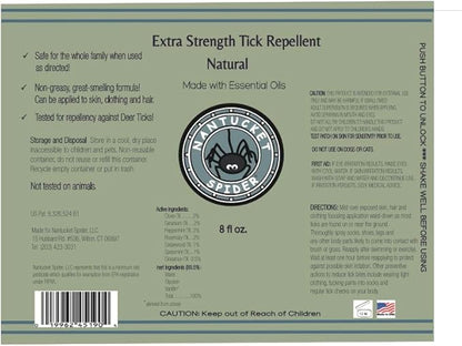 Nantucket Spider Extra Strength Tick Repellent Spray - 8 fl oz | Deet Free, Natural Tick Repellent for People | Made in The USA with 100% Organic Essential Oils