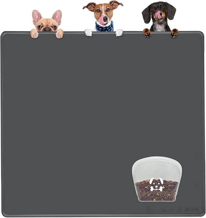 KVK Extra Extra Large Silicone Dog Food Mat 39.4×43.3in and 128oz Silicone Bag Set, Super Size Waterproof Pet Feeding Mat &amp; Container, Non-Slip, Chew-Resistant Floor Protection (Dark Grey&amp;Clear)