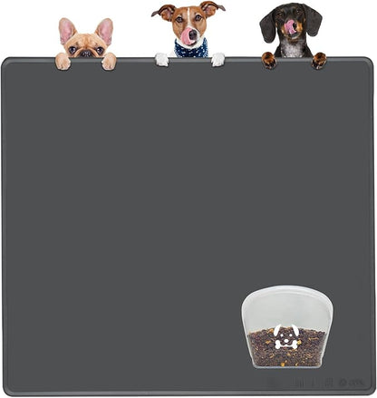 KVK Extra Extra Large Silicone Dog Food Mat 39.4×43.3in and 128oz Silicone Bag Set, Super Size Waterproof Pet Feeding Mat &amp; Container, Non-Slip, Chew-Resistant Floor Protection (Dark Grey&amp;Clear)