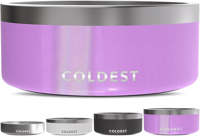 Coldest Dog Bowl - Anti Rust Metal, Non Slip, 3 Layers Insulated Stainless Steel Dog Bowls - Spill Proof &amp; Heavy Duty - Water Bowl for Dogs, Cats, Dish Washer Safe (100 oz, Saturns Purple Glitter)