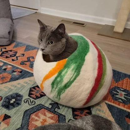 Woolygon Premium Felt Cat Cave Bed – Wool Kitty Beds Handcrafted Kitten Caves Bed for Indoor Cats - Made from 100% Eco-Friendly Merino Wool, Foldable Cat Hidewawy Covered Cat House Pod (Candy Swirl)