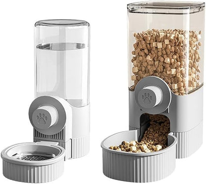 GPY Automatic Hanging Gravity Pet Feeder and Water Dispenser Set ，Automatic Dog Feeder and Dog Water Dispenser for Dogs Cats Pets Animals Large Capacity (Blue Water Feeder&amp;Food Feeder) (Grey)