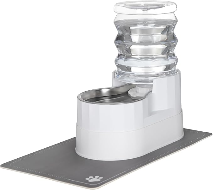 Sfozstra Automatic Gravity Water Dispenser: 5L White Stainless Steel Pet Bowl Waterer with Waterproof Pad - Raised Edge Water Feeder for Cats &amp; Small Dogs Indoor/Outdoor