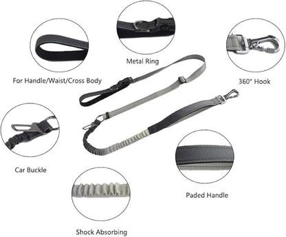 Hands Free Dog Leash for Large Medium Dogs Heavy Duty Bungee Reflective Adjustable Waist Leashes for Walking Running with Car Buckle 4-6FT (Grey)