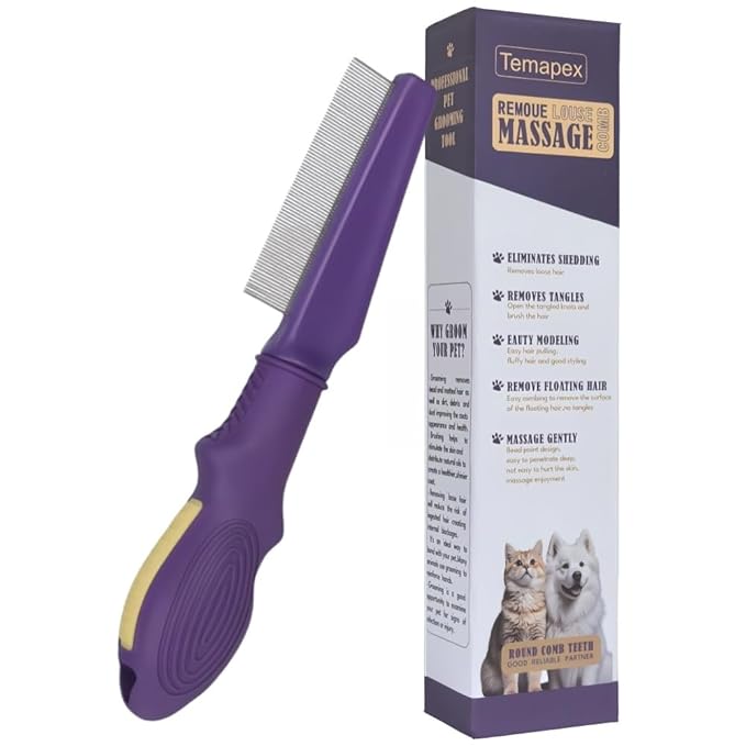 Pet Flea Comb for Dogs &amp; Cats,Removes Tangles &amp; Flea, Tear Stain Removal, Stainless Steel Metal Teeth, Non-slip &amp; Anti-static Rubber Handle, Safe &amp; Gentle Pet Grooming Comb