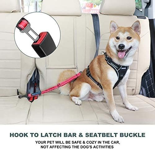 IOKHEIRA Dog Seat Belt 3-in-1 Car Harness for Dogs Adjustable Safety Seatbelt for Car Durable Nylon Reflective Bungee Fabric Tether with Clip Hook Latch &amp; Buckle, Swivel Zinc Alloy Carabiner Red