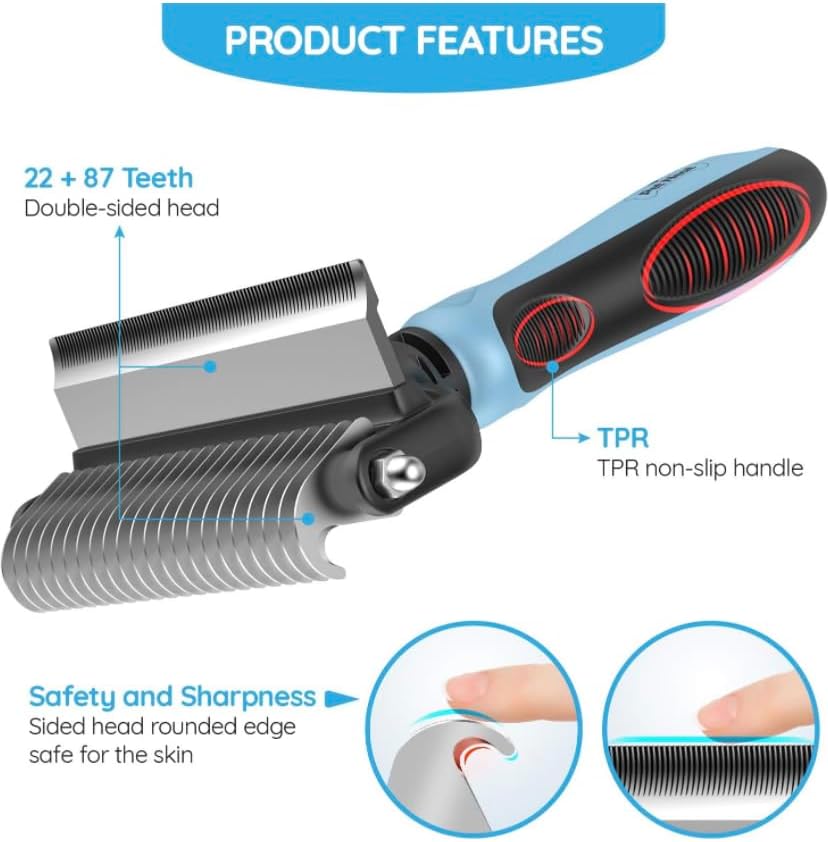 Dog Brush for Shedding &amp; Cat Brushes for Indoor Cats - Double Coat Dog Brushes for Grooming - Hair Remover Pet Grooming Tools - 2 in 1 Deshedding Brush &amp; Undercoat Rake for Dogs - Defur Comb Cleaner