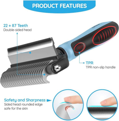 Dog Brush for Shedding &amp; Cat Brushes for Indoor Cats - Double Coat Dog Brushes for Grooming - Hair Remover Pet Grooming Tools - 2 in 1 Deshedding Brush &amp; Undercoat Rake for Dogs - Defur Comb Cleaner